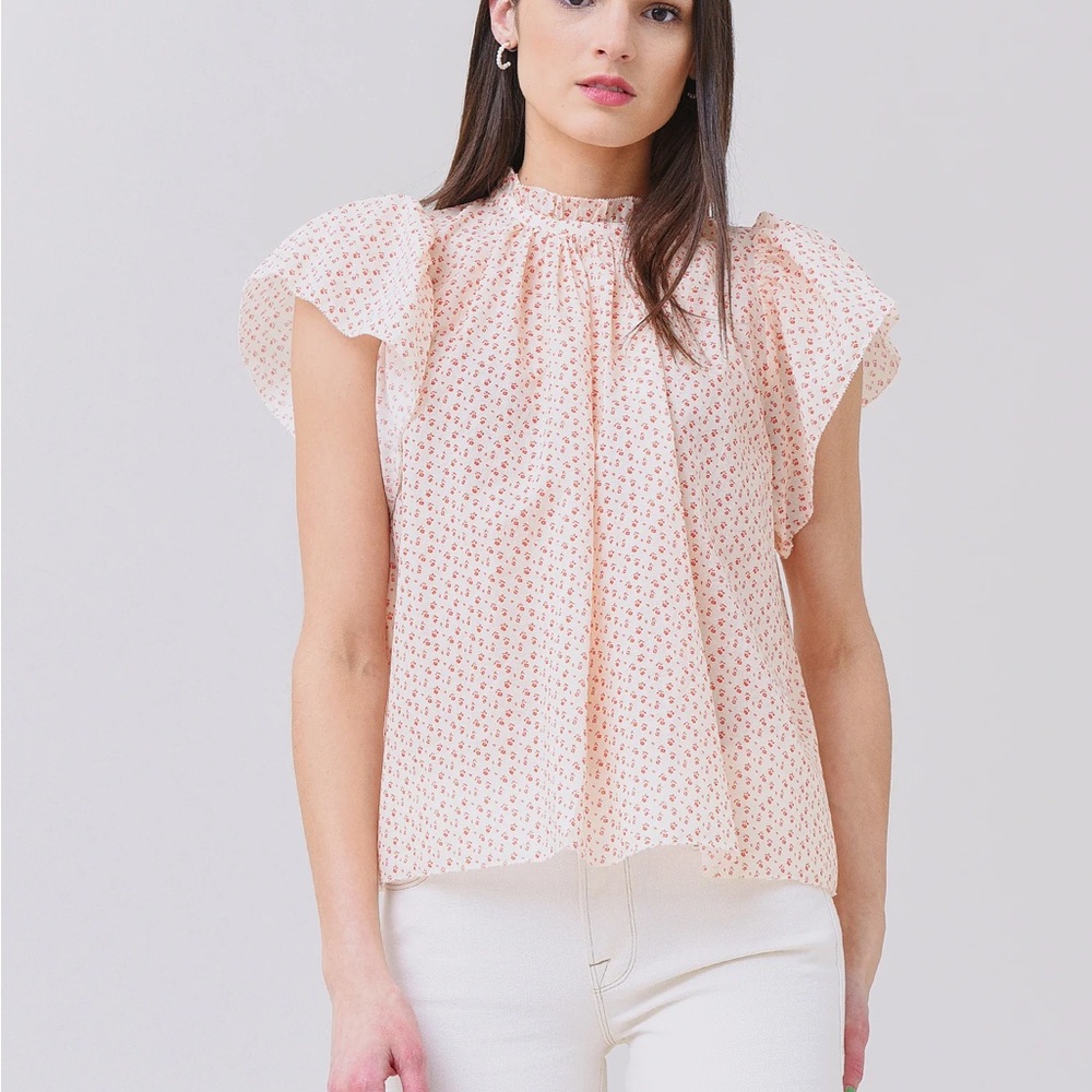 Trovata Pale Pink Floral Gathered Neck Flutter Sleeve Blouse
